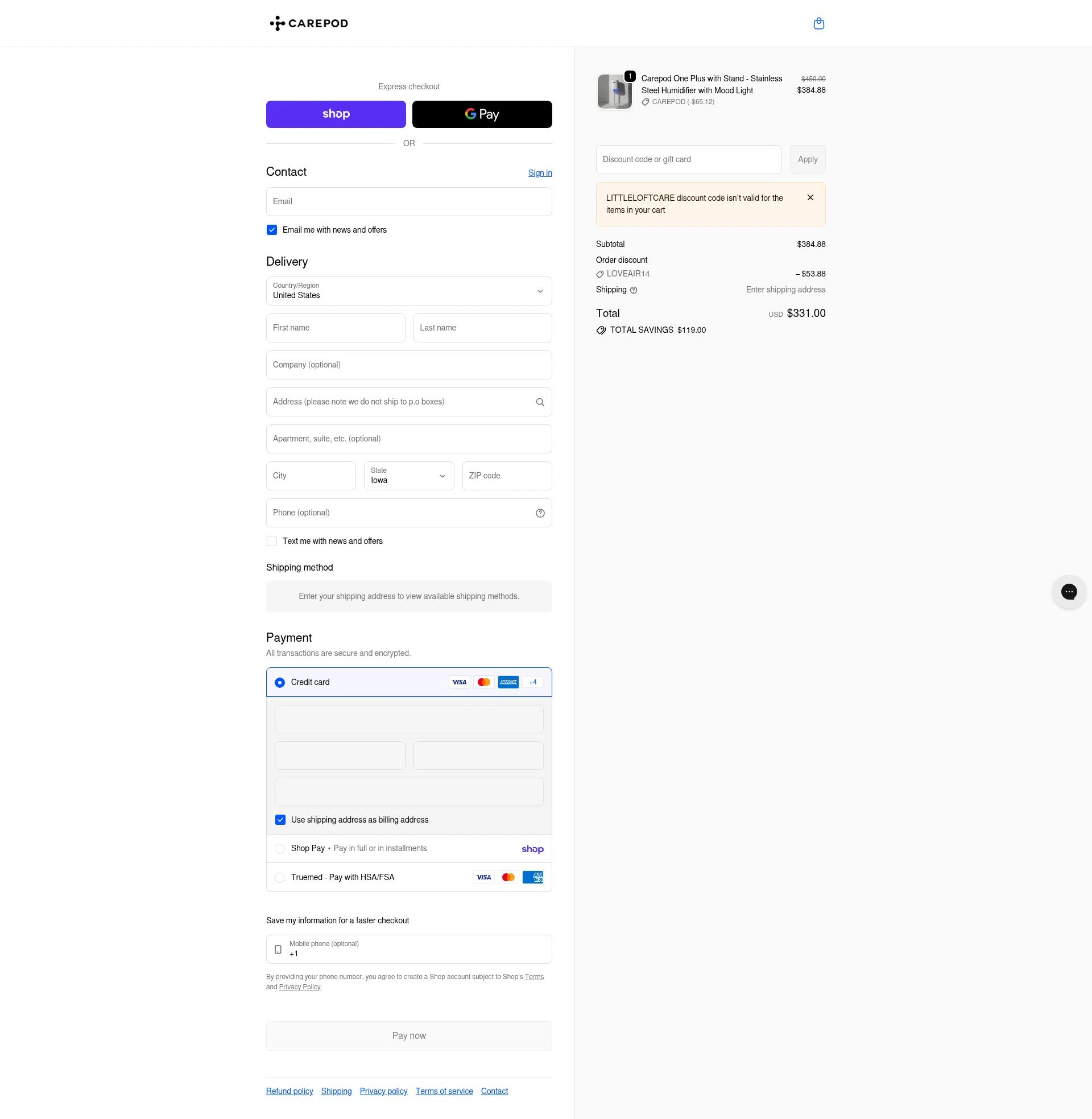 Carepod checkout page showing Carepod discount code box | Screenshot taken by SimplyCodes community member on Feb 5, 2026