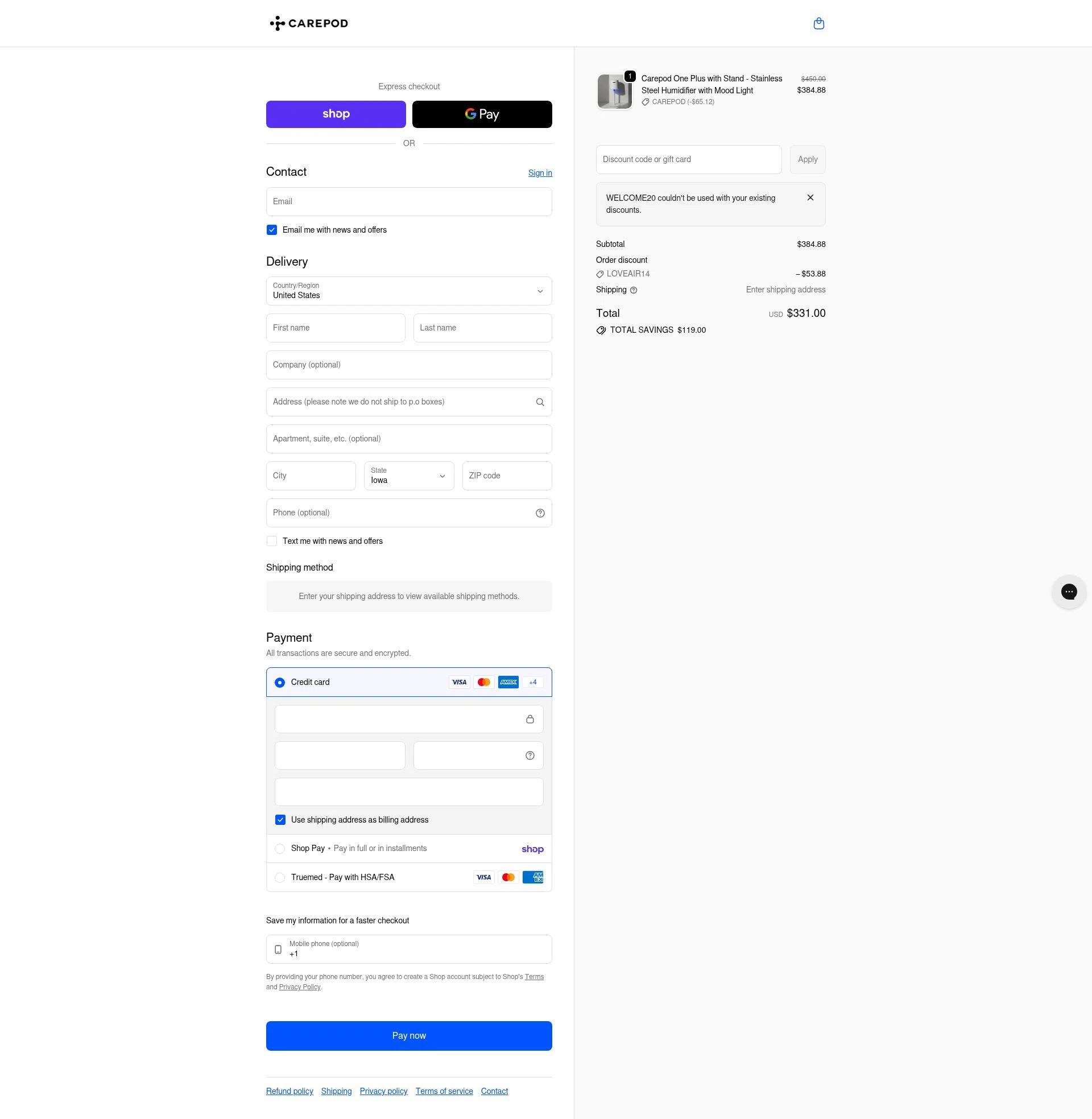Carepod checkout page showing Carepod discount code box | Screenshot taken by SimplyCodes community member on Jan 31, 2026