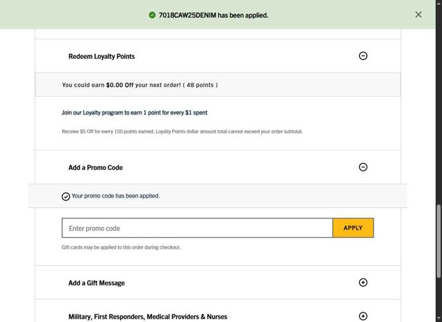 Carhartt checkout page showing Carhartt promo code box | Screenshot taken by SimplyCodes community member on Aug 27, 2025