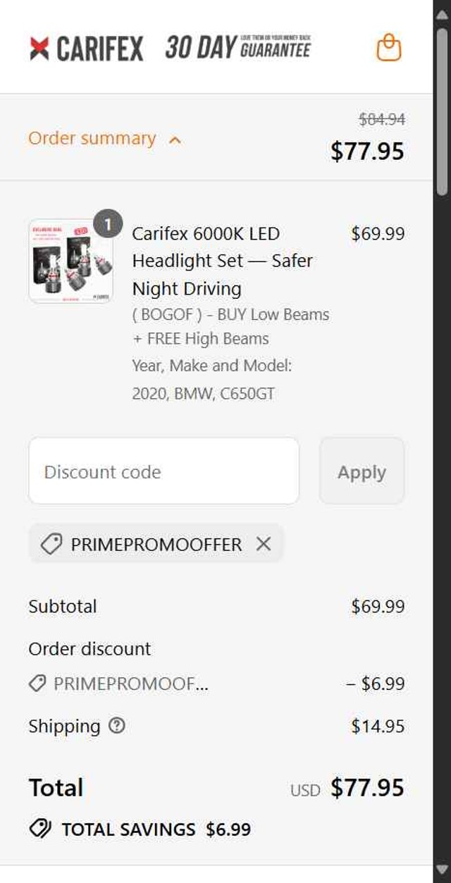 Carifex checkout page showing Carifex discount code box | Screenshot taken by SimplyCodes community member on Sep 3, 2025