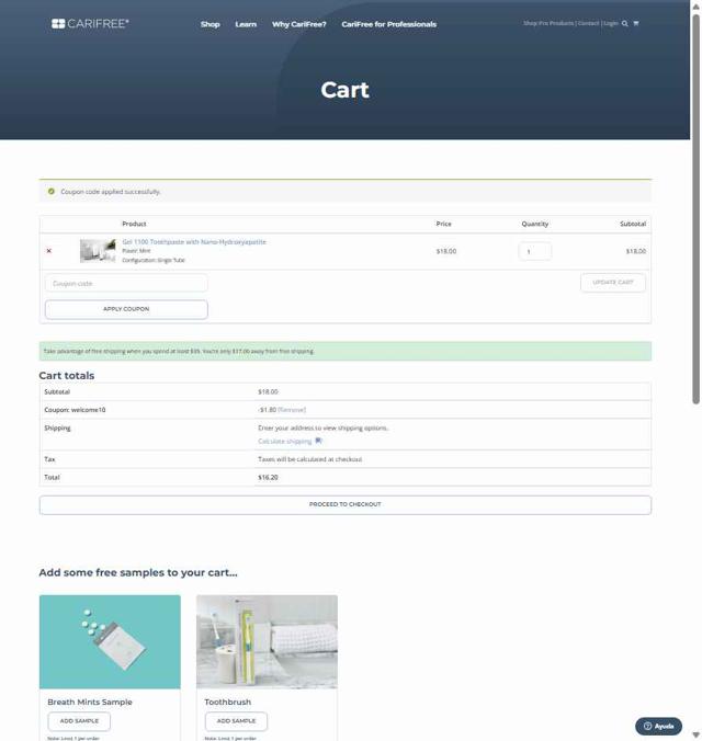 CariFree checkout page showing CariFree coupon code box | Screenshot taken by SimplyCodes community member on Aug 15, 2025