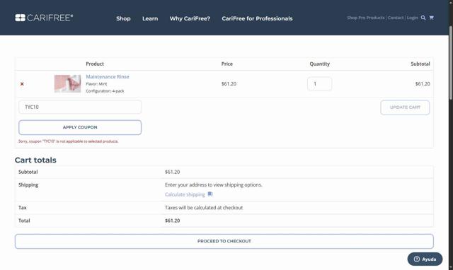 CariFree checkout page showing CariFree coupon code box | Screenshot taken by SimplyCodes community member on Aug 30, 2025