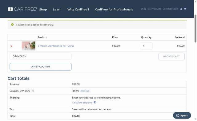 CariFree checkout page showing CariFree coupon code box | Screenshot taken by SimplyCodes community member on Aug 30, 2025