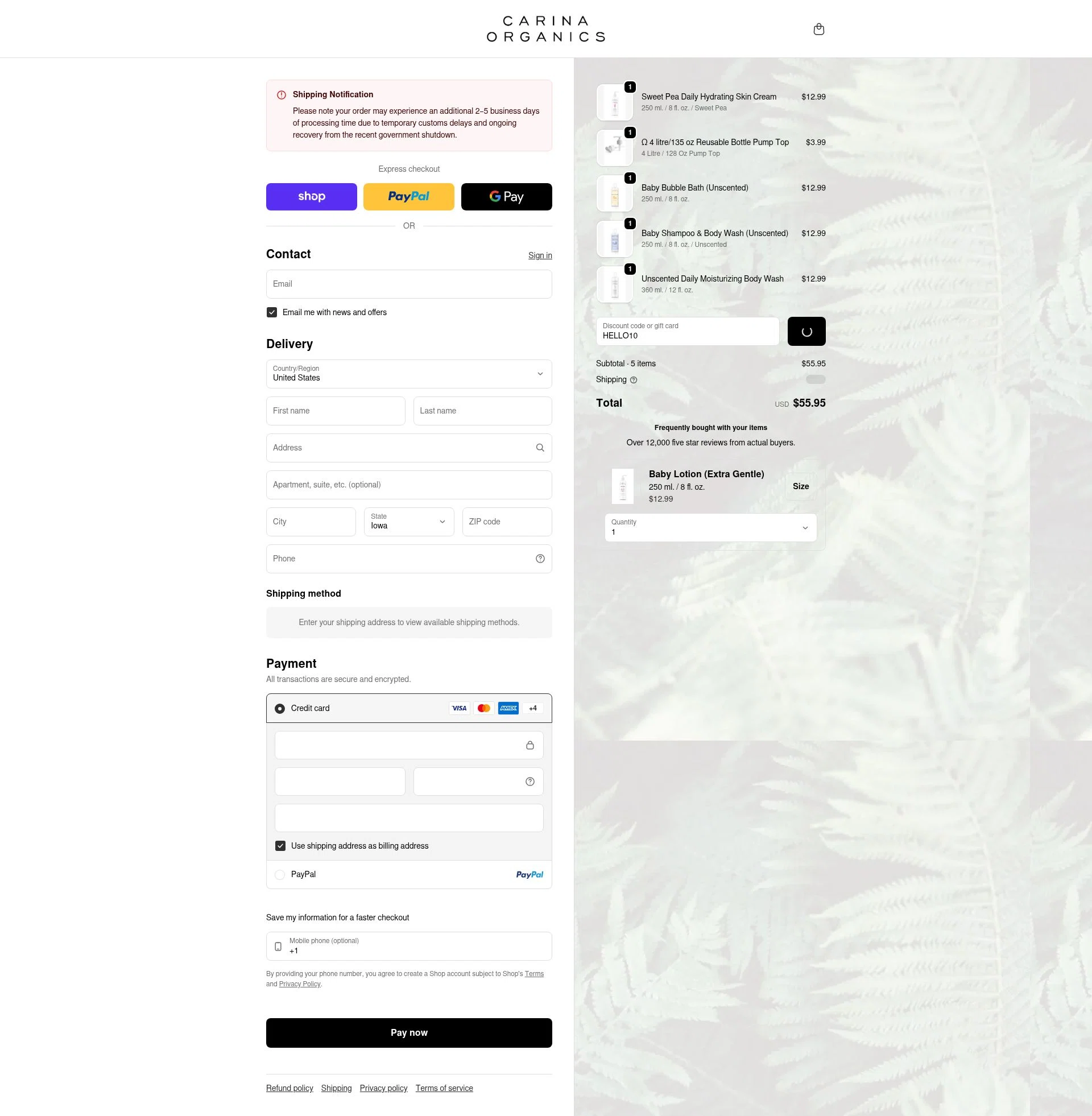 Carina checkout page showing Carina discount code box | Screenshot taken by SimplyCodes community member on Feb 17, 2026