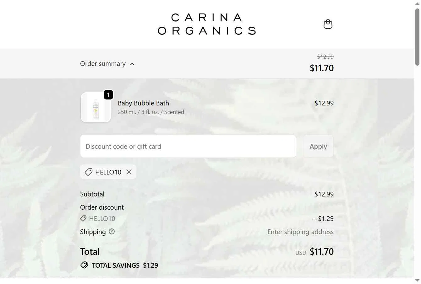 Carina checkout page showing Carina discount code box | Screenshot taken by SimplyCodes community member on Feb 8, 2026