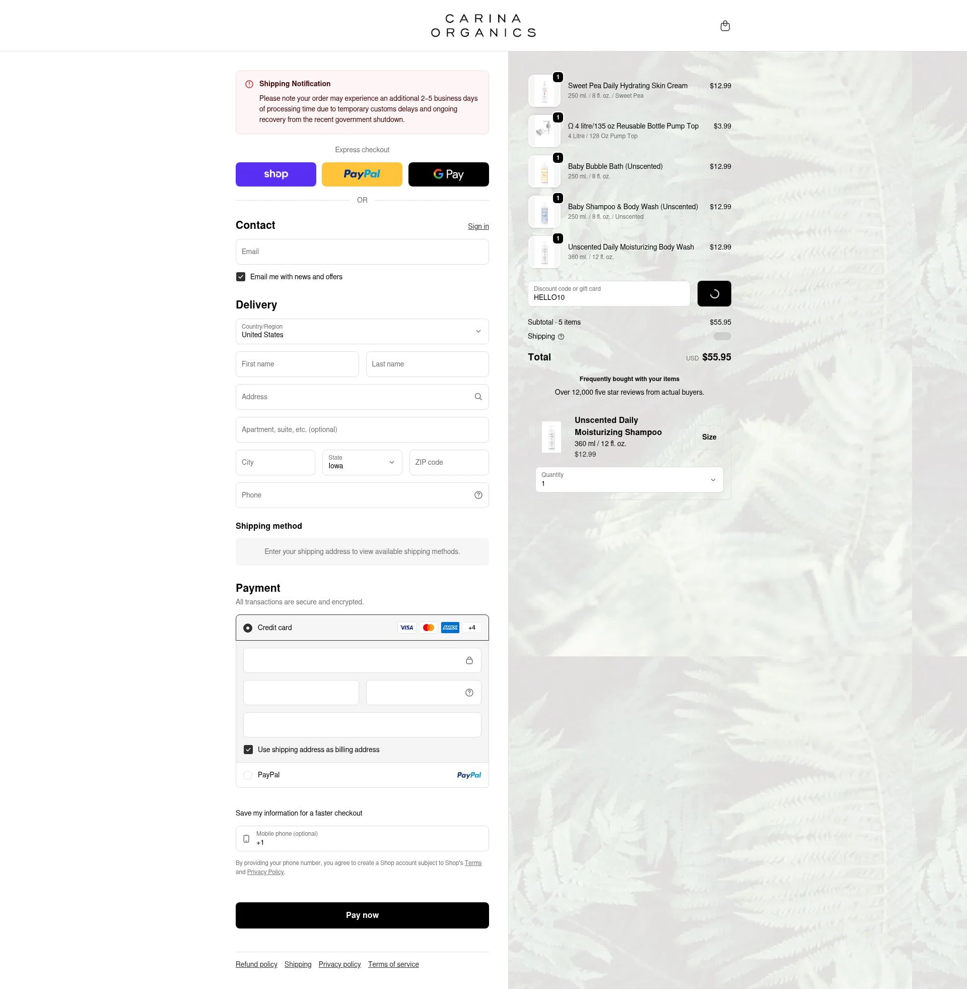 Carina checkout page showing Carina discount code box | Screenshot taken by SimplyCodes community member on Feb 8, 2026