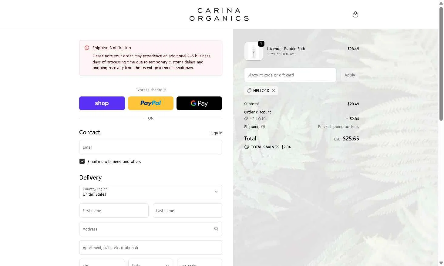 Carina checkout page showing Carina discount code box | Screenshot taken by SimplyCodes community member on Jan 22, 2026