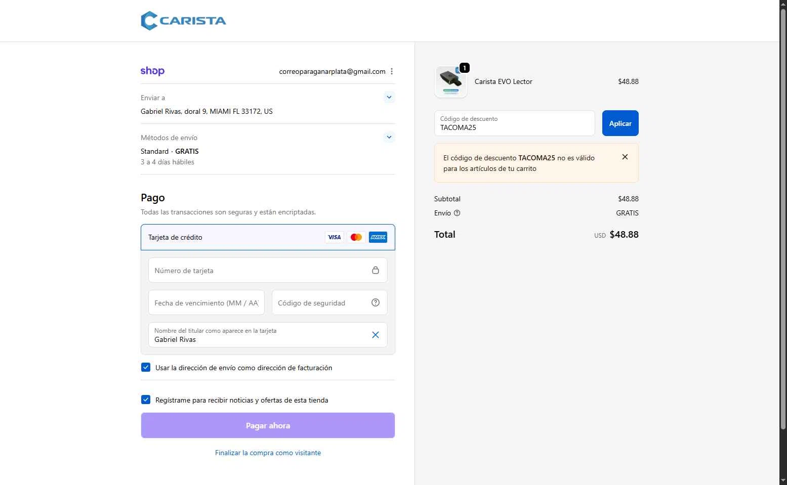 Carista checkout page showing Carista discount code box | Screenshot taken by SimplyCodes community member on Oct 24, 2025