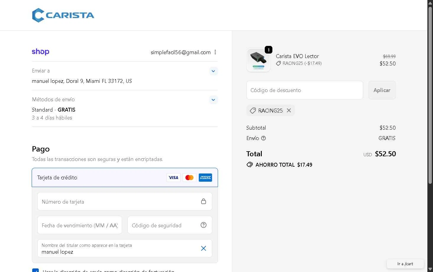 Carista checkout page showing Carista discount code box | Screenshot taken by SimplyCodes community member on Nov 9, 2025