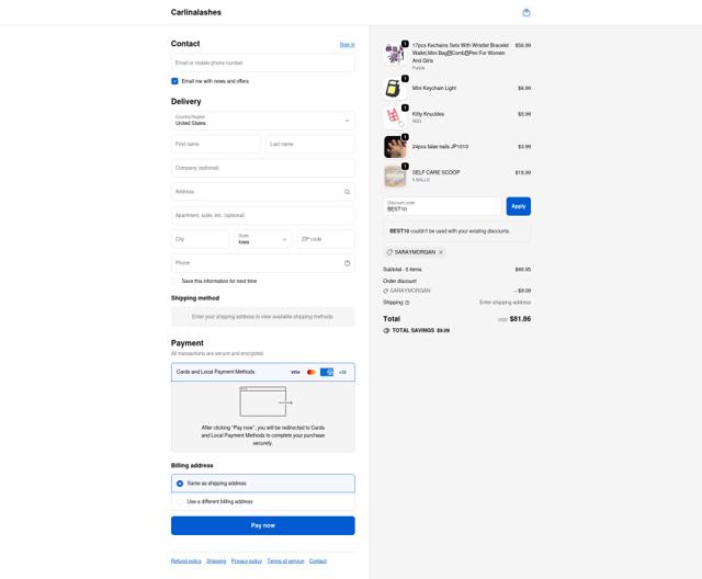 Carlina Lashes checkout page showing Carlina Lashes promo code box | Screenshot taken by SimplyCodes community member on Sep 25, 2025