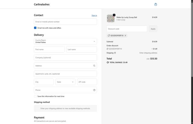 Carlina Lashes checkout page showing Carlina Lashes promo code box | Screenshot taken by SimplyCodes community member on Sep 25, 2025