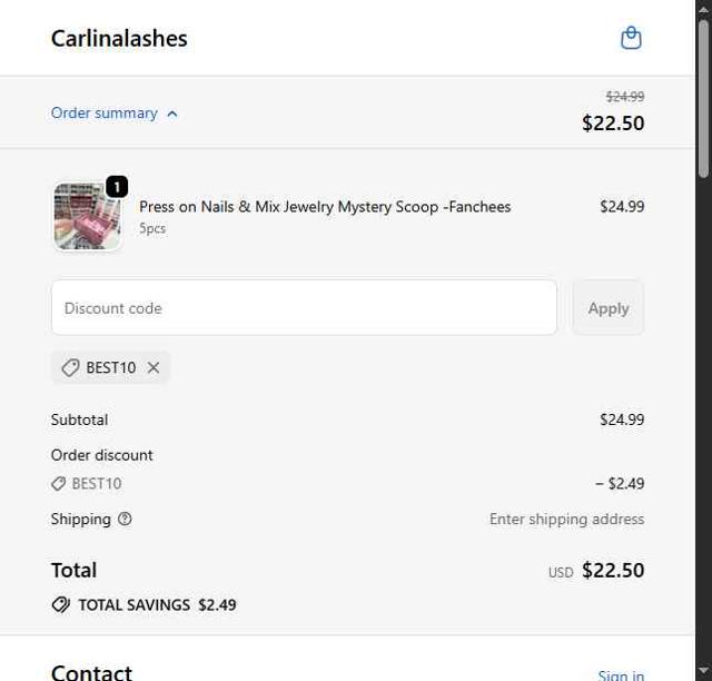 Carlina Lashes checkout page showing Carlina Lashes promo code box | Screenshot taken by SimplyCodes community member on Sep 25, 2025