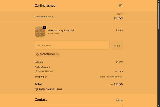Carlina Lashes checkout page showing Carlina Lashes promo code box | Screenshot taken by SimplyCodes community member on Sep 26, 2025