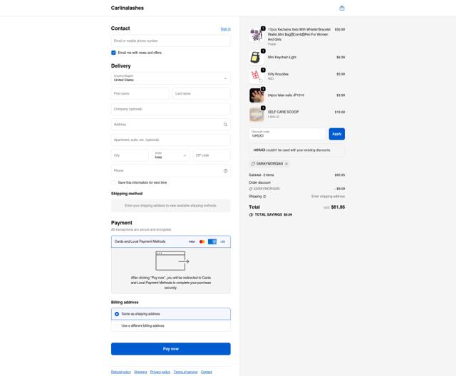Carlina Lashes checkout page showing Carlina Lashes promo code box | Screenshot taken by SimplyCodes community member on Sep 25, 2025