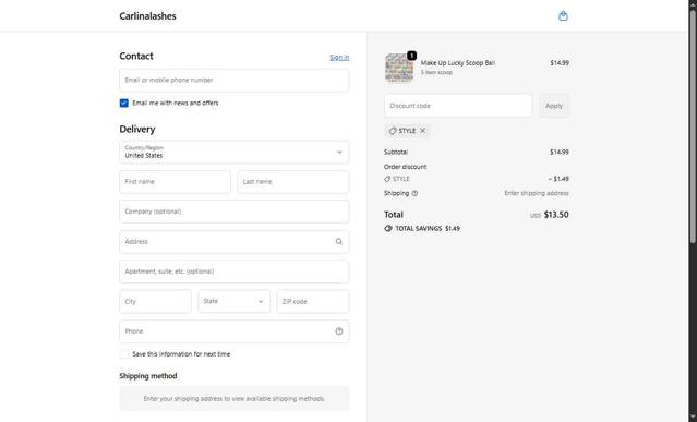 Carlina Lashes checkout page showing Carlina Lashes promo code box | Screenshot taken by SimplyCodes community member on Sep 26, 2025