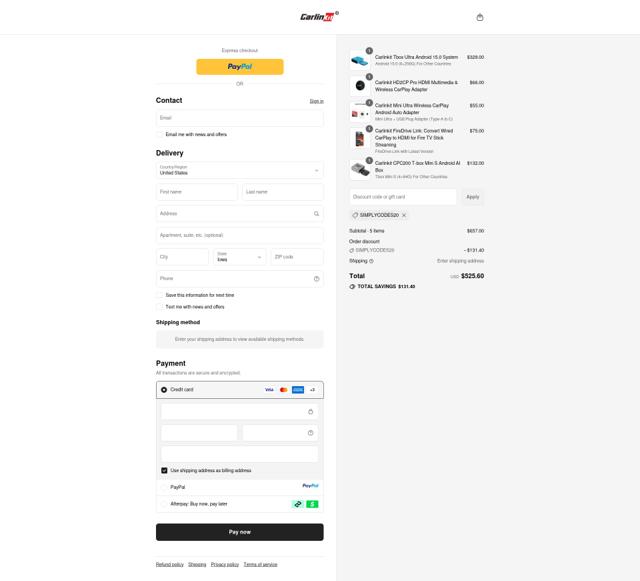 Carlinkit checkout page showing Carlinkit promo code box | Screenshot taken by SimplyCodes community member on Sep 11, 2025