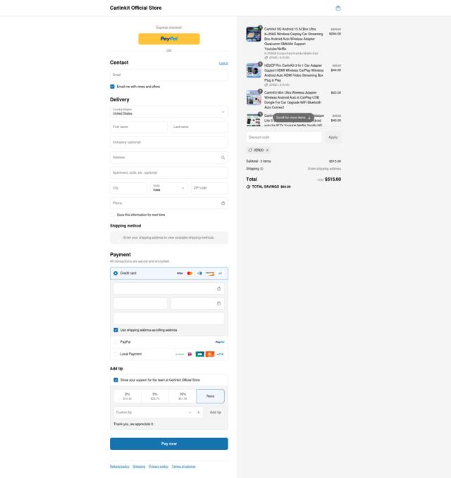 Carlinkit Store checkout page showing Carlinkit Store promo code box | Screenshot taken by SimplyCodes community member on Sep 7, 2025