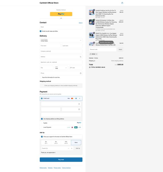 Carlinkit Store checkout page showing Carlinkit Store promo code box | Screenshot taken by SimplyCodes community member on Sep 10, 2025