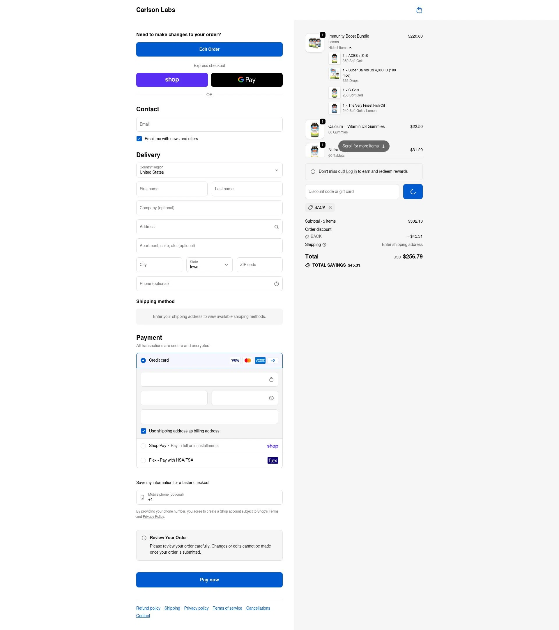 Carlson Labs checkout page showing Carlson Labs coupon code box | Screenshot taken by SimplyCodes community member on Feb 11, 2026