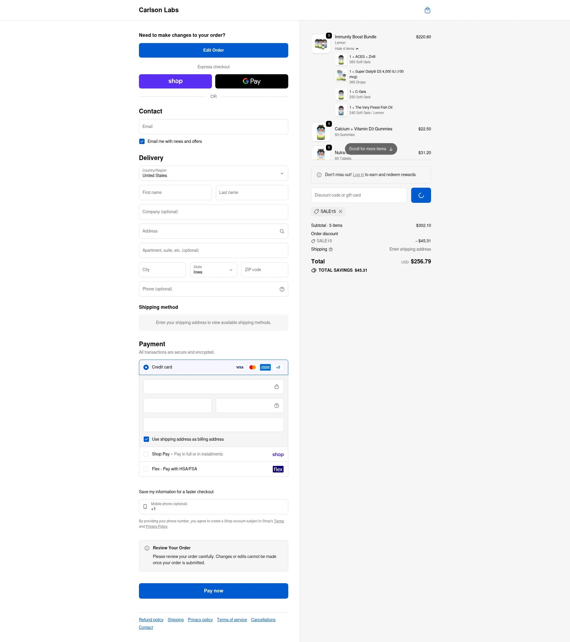 Carlson Labs checkout page showing Carlson Labs coupon code box | Screenshot taken by SimplyCodes community member on Feb 11, 2026