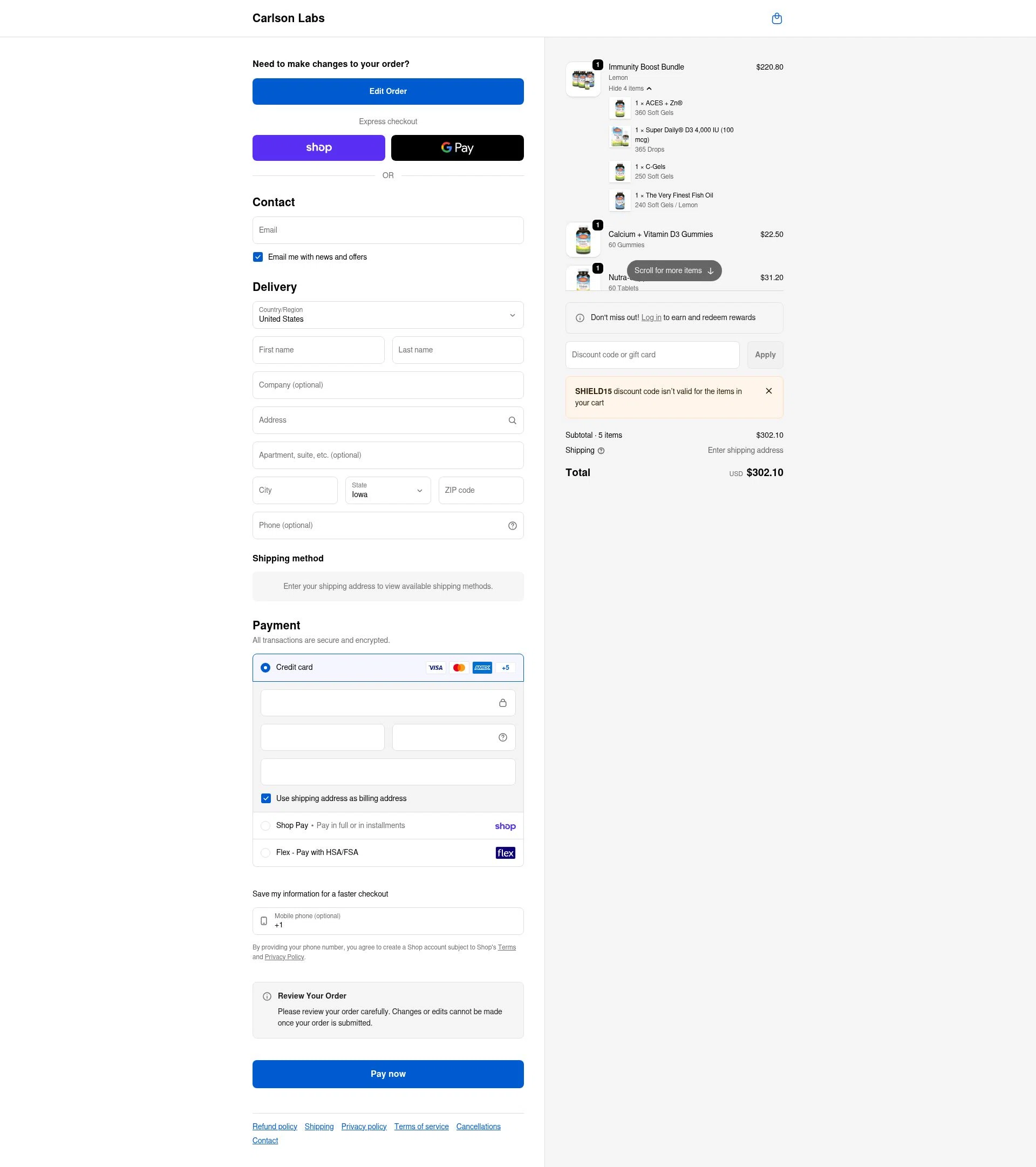 Carlson Labs checkout page showing Carlson Labs coupon code box | Screenshot taken by SimplyCodes community member on Feb 11, 2026