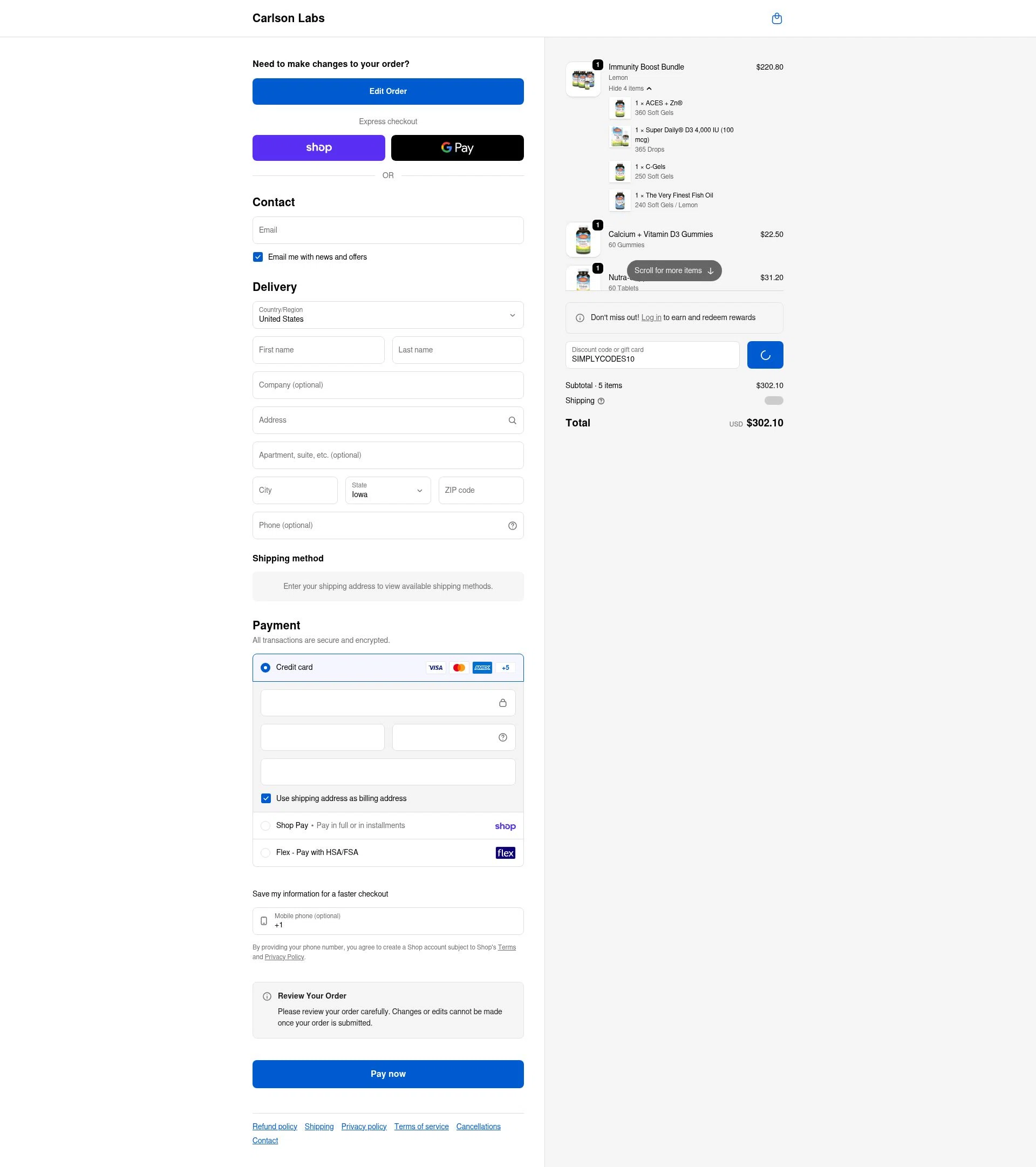 Carlson Labs checkout page showing Carlson Labs coupon code box | Screenshot taken by SimplyCodes community member on Feb 11, 2026