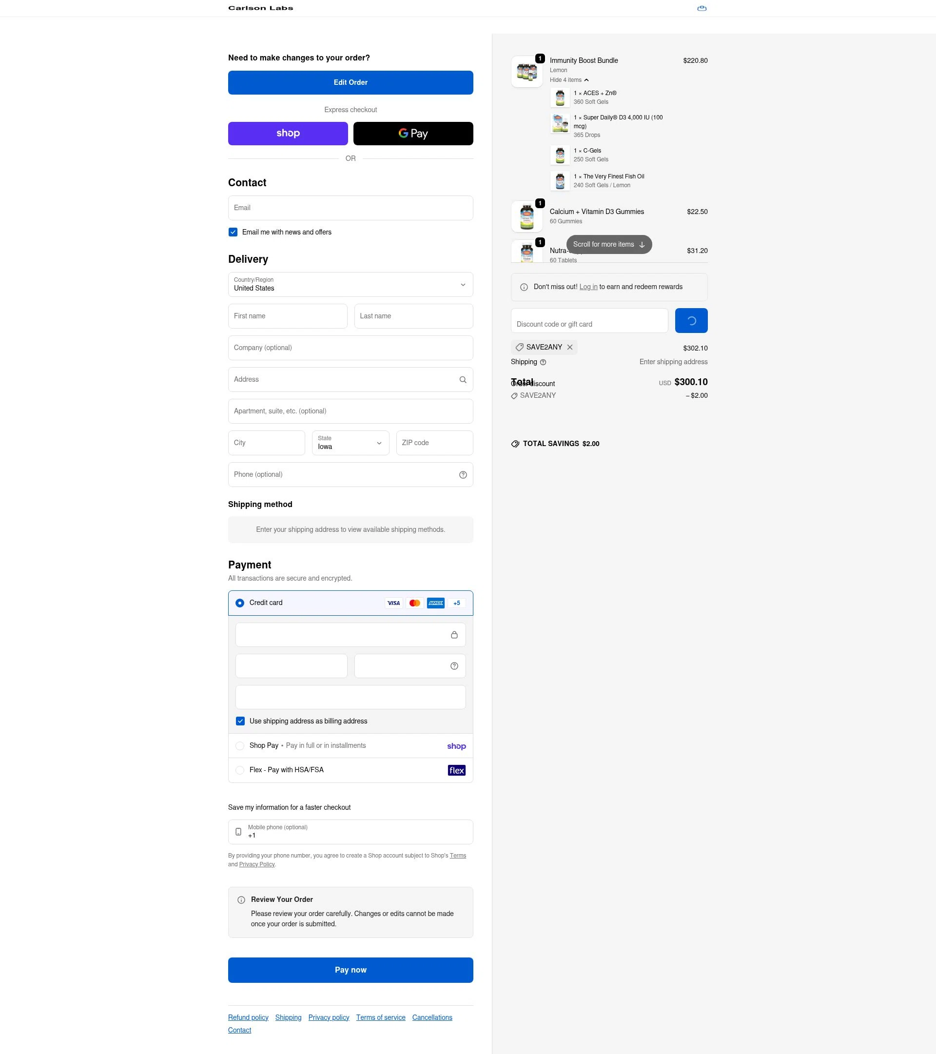 Carlson Labs checkout page showing Carlson Labs coupon code box | Screenshot taken by SimplyCodes community member on Feb 11, 2026