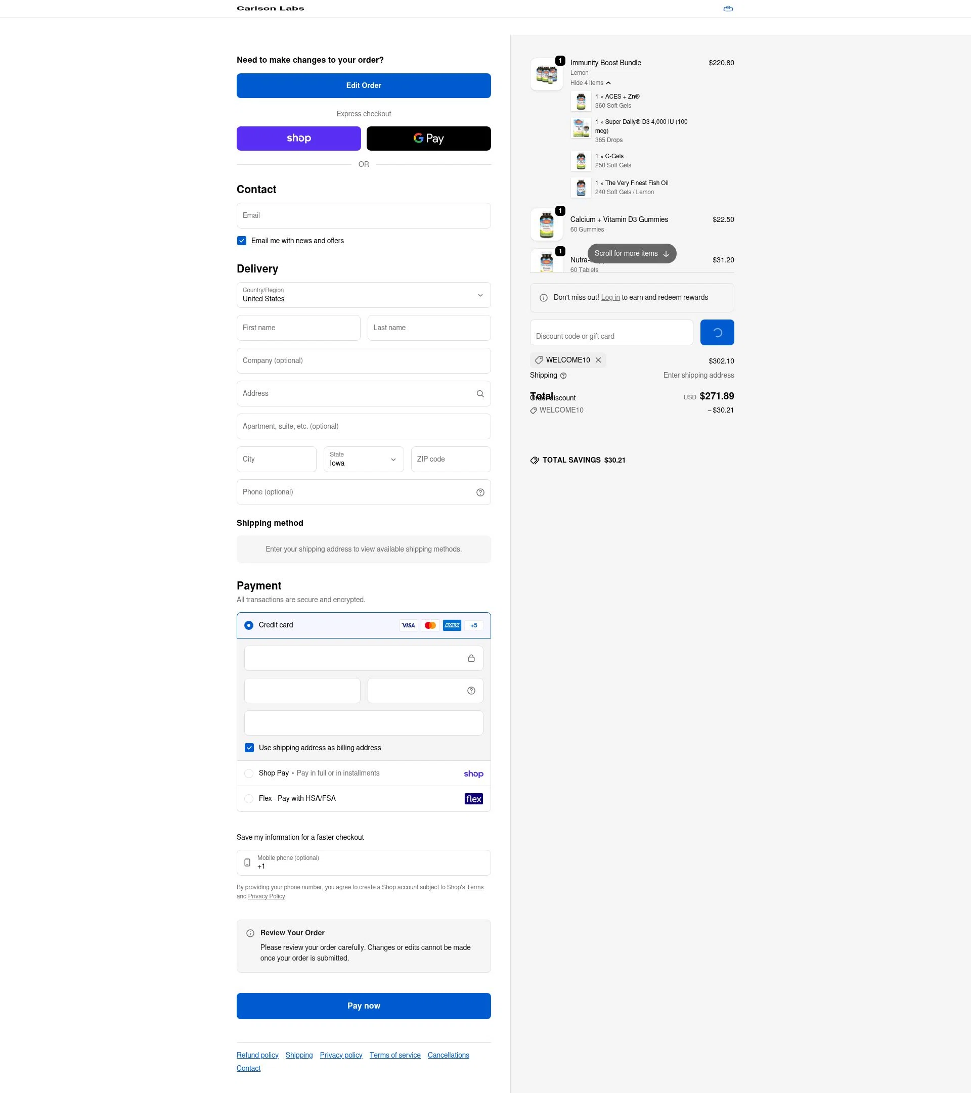 Carlson Labs checkout page showing Carlson Labs coupon code box | Screenshot taken by SimplyCodes community member on Feb 11, 2026