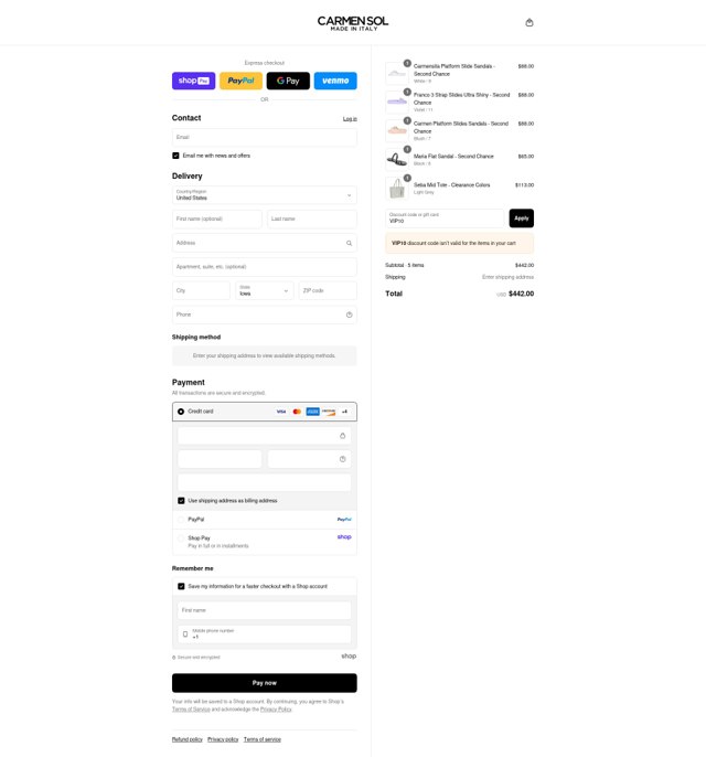 Carmen Sol checkout page showing Carmen Sol discount code box | Screenshot taken by SimplyCodes community member on Aug 22, 2025