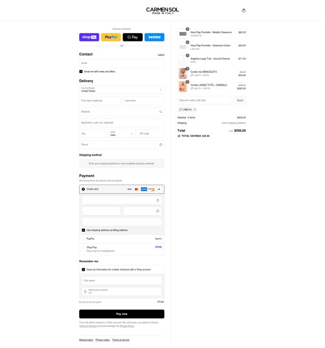 Carmen Sol checkout page showing Carmen Sol discount code box | Screenshot taken by SimplyCodes community member on Aug 17, 2025