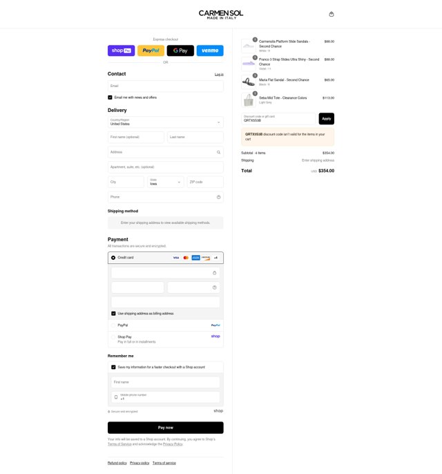 Carmen Sol checkout page showing Carmen Sol discount code box | Screenshot taken by SimplyCodes community member on Aug 27, 2025