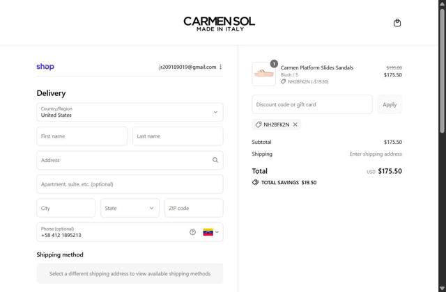 Carmen Sol checkout page showing Carmen Sol discount code box | Screenshot taken by SimplyCodes community member on Sep 9, 2025