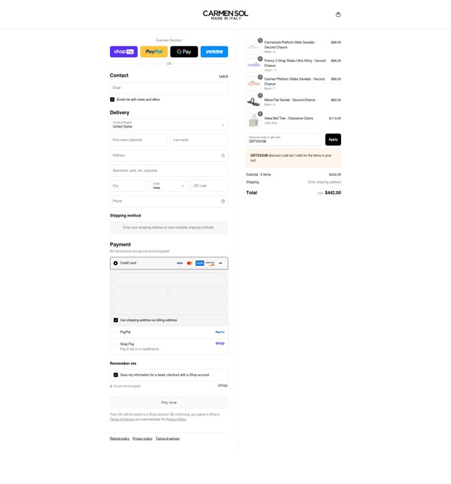 Carmen Sol checkout page showing Carmen Sol discount code box | Screenshot taken by SimplyCodes community member on Aug 22, 2025