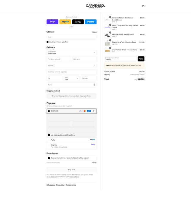 Carmen Sol checkout page showing Carmen Sol discount code box | Screenshot taken by SimplyCodes community member on Sep 12, 2025