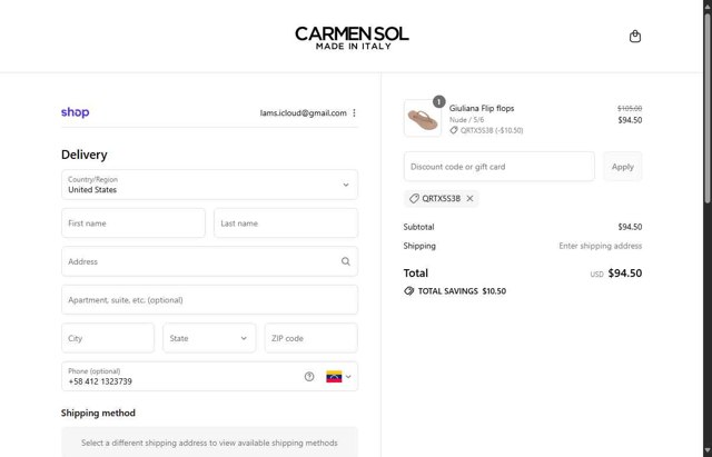 Carmen Sol checkout page showing Carmen Sol discount code box | Screenshot taken by SimplyCodes community member on Aug 13, 2025