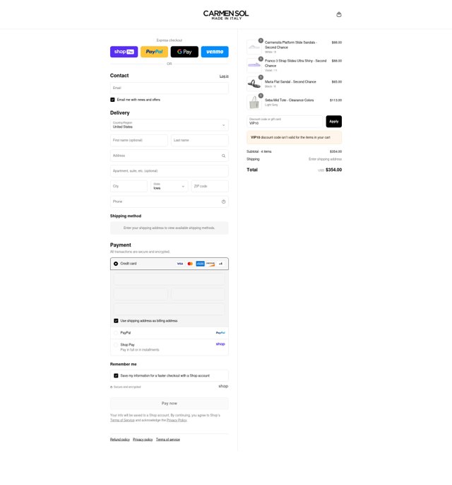 Carmen Sol checkout page showing Carmen Sol discount code box | Screenshot taken by SimplyCodes community member on Aug 27, 2025