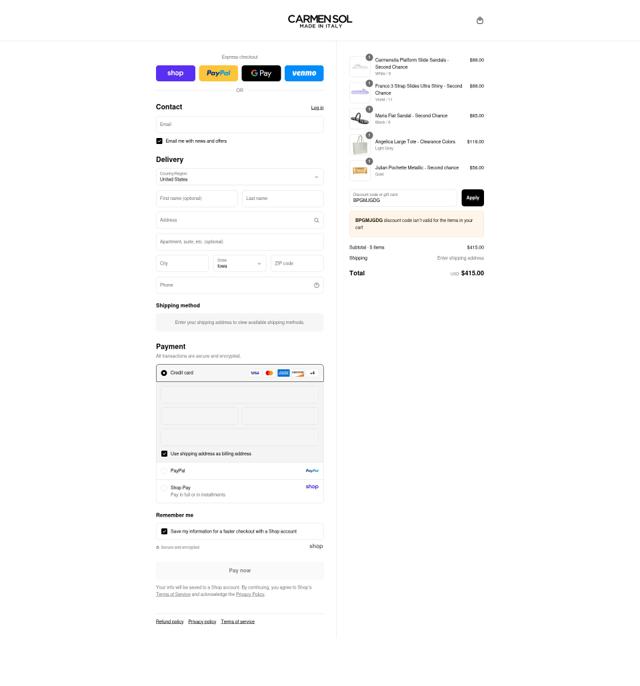Carmen Sol checkout page showing Carmen Sol discount code box | Screenshot taken by SimplyCodes community member on Sep 8, 2025