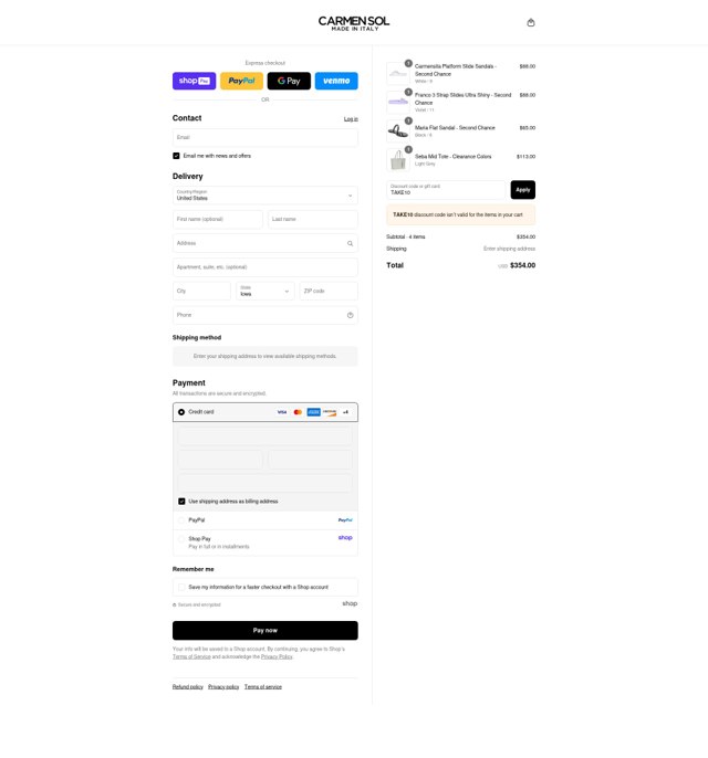 Carmen Sol checkout page showing Carmen Sol discount code box | Screenshot taken by SimplyCodes community member on Aug 27, 2025