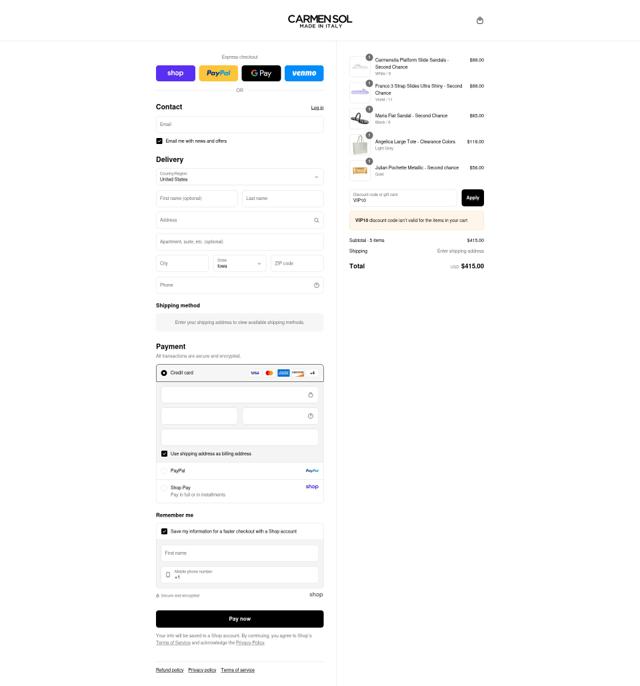 Carmen Sol checkout page showing Carmen Sol discount code box | Screenshot taken by SimplyCodes community member on Sep 4, 2025