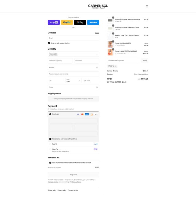 Carmen Sol checkout page showing Carmen Sol discount code box | Screenshot taken by SimplyCodes community member on Aug 17, 2025