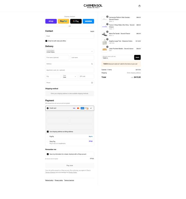 Carmen Sol checkout page showing Carmen Sol discount code box | Screenshot taken by SimplyCodes community member on Sep 4, 2025