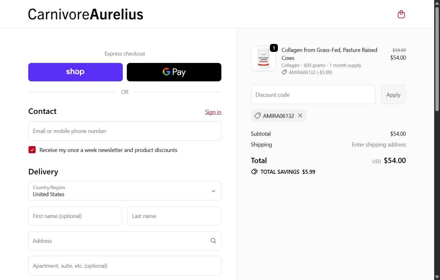 Carnivore Aurelius checkout page showing Carnivore Aurelius discount code box | Screenshot taken by SimplyCodes community member on Dec 29, 2025
