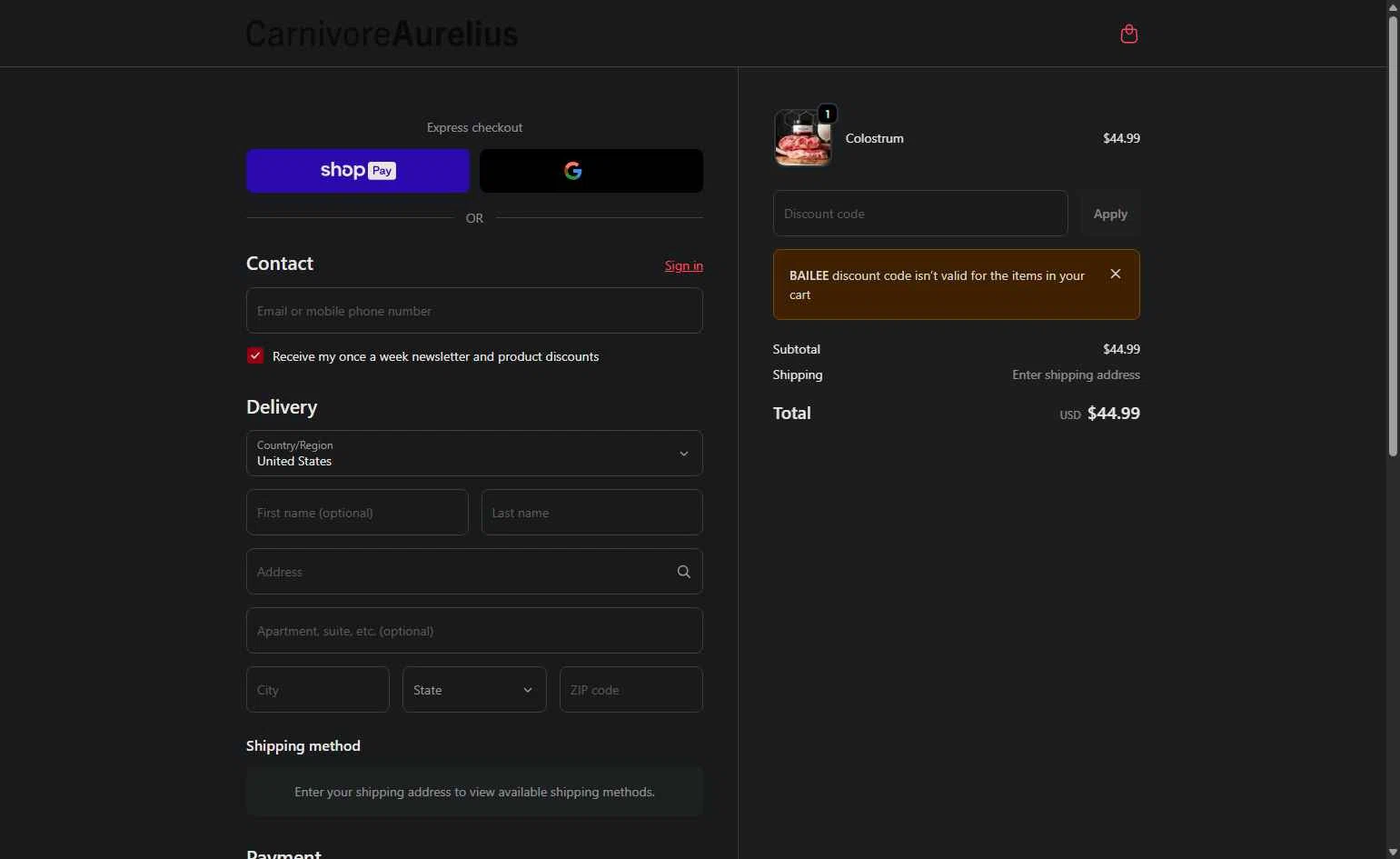Carnivore Aurelius checkout page showing Carnivore Aurelius discount code box | Screenshot taken by SimplyCodes community member on Jan 12, 2026