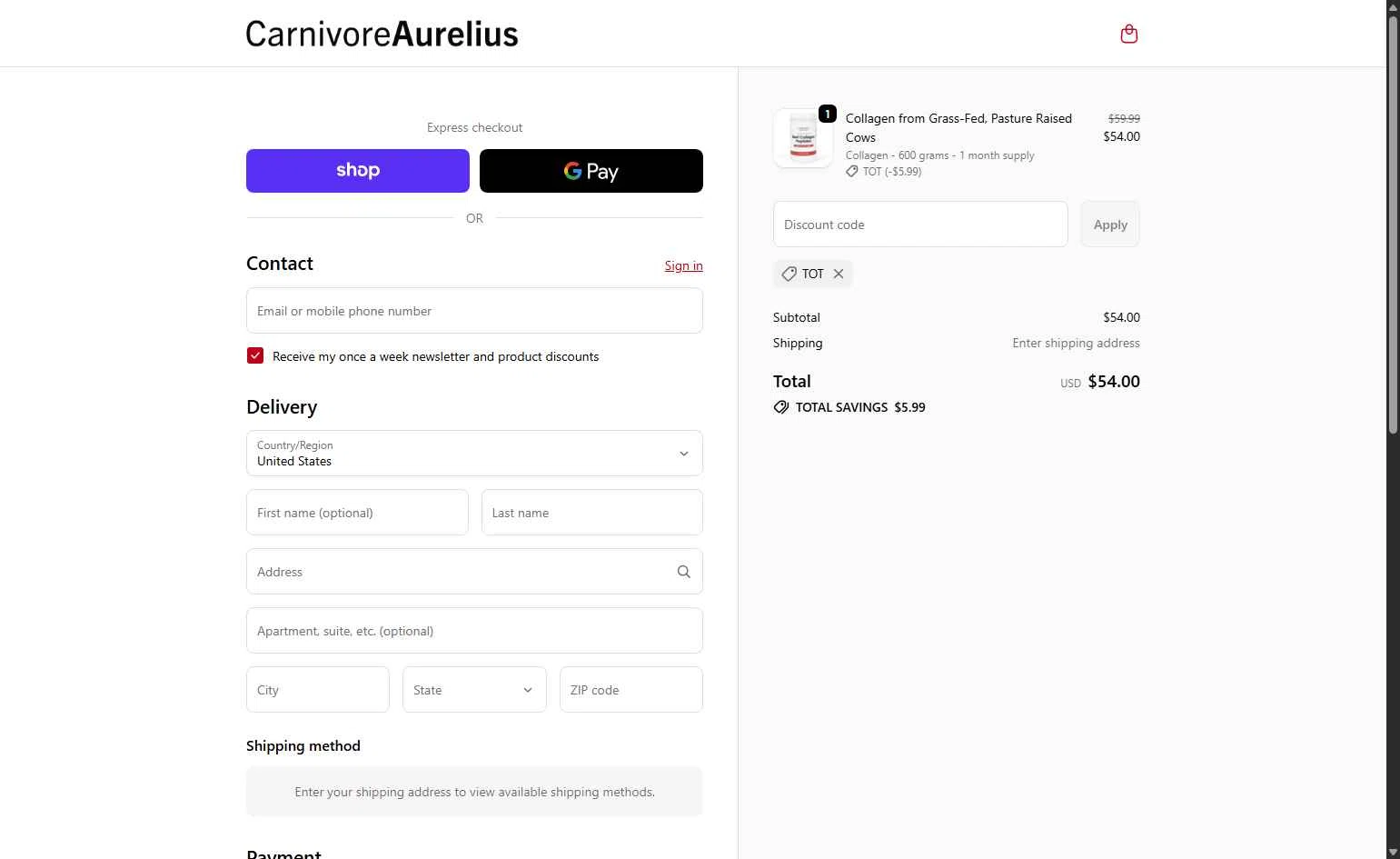 Carnivore Aurelius checkout page showing Carnivore Aurelius discount code box | Screenshot taken by SimplyCodes community member on Jan 6, 2026