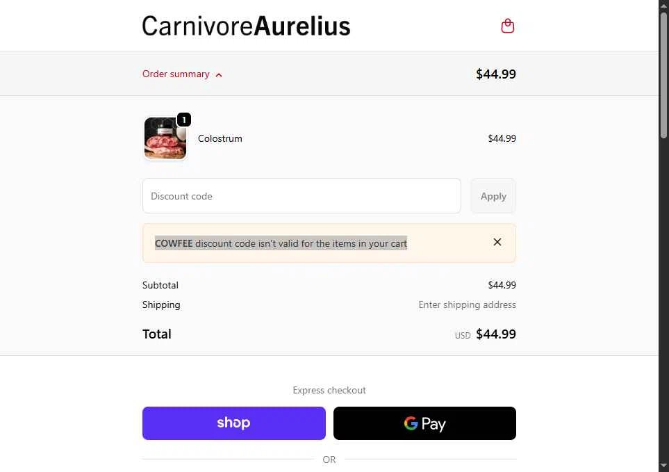 Carnivore Aurelius checkout page showing Carnivore Aurelius discount code box | Screenshot taken by SimplyCodes community member on Jan 13, 2026