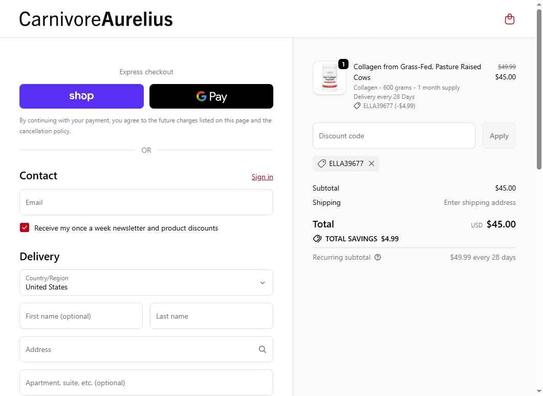 Carnivore Aurelius checkout page showing Carnivore Aurelius discount code box | Screenshot taken by SimplyCodes community member on Jan 11, 2026