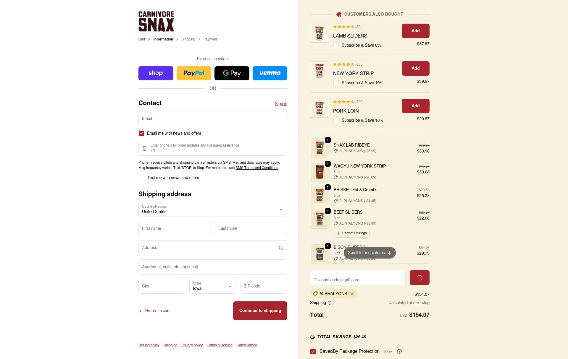 Carnivore Snax checkout page showing Carnivore Snax discount code box | Screenshot taken by SimplyCodes community member on Feb 6, 2026