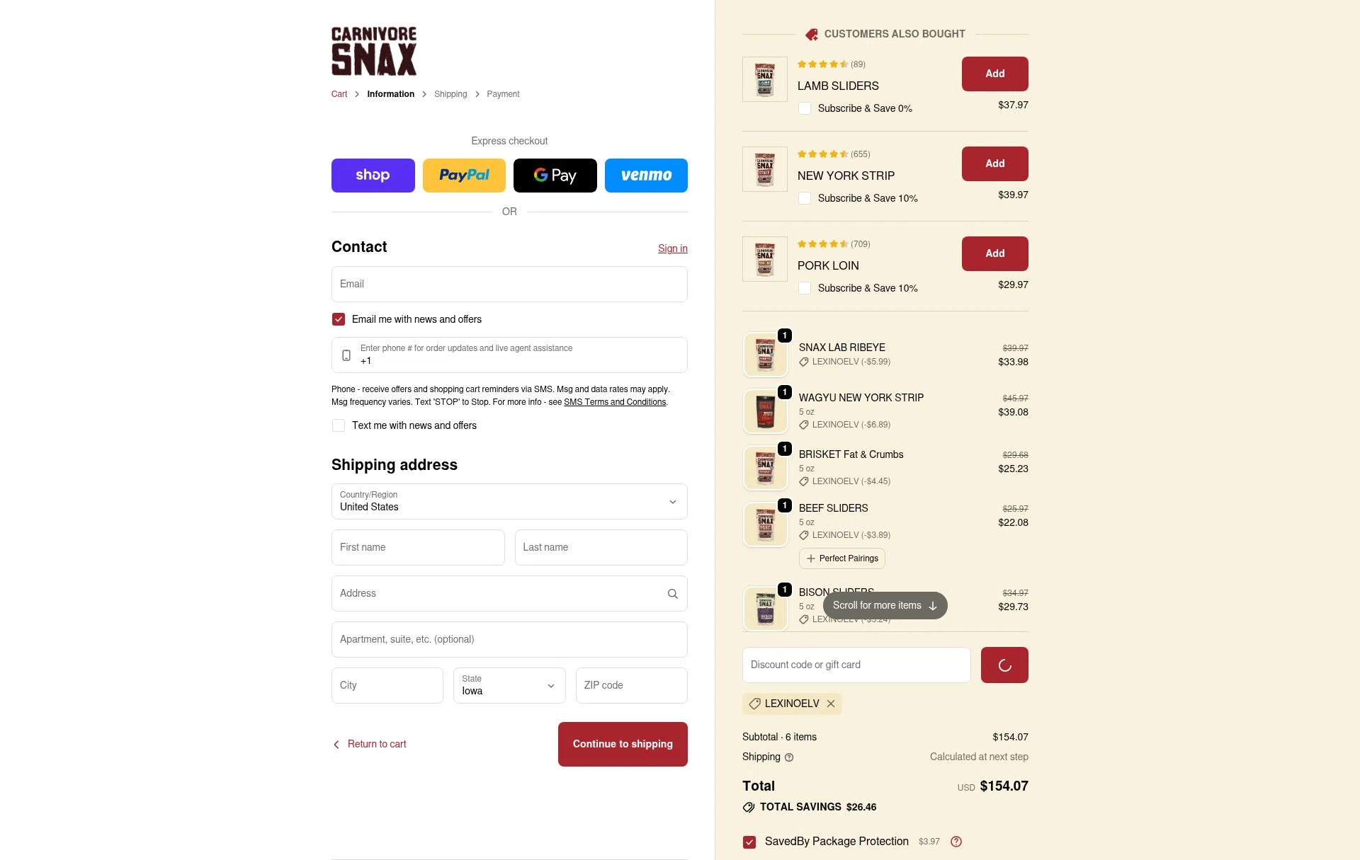 Carnivore Snax checkout page showing Carnivore Snax discount code box | Screenshot taken by SimplyCodes community member on Feb 6, 2026