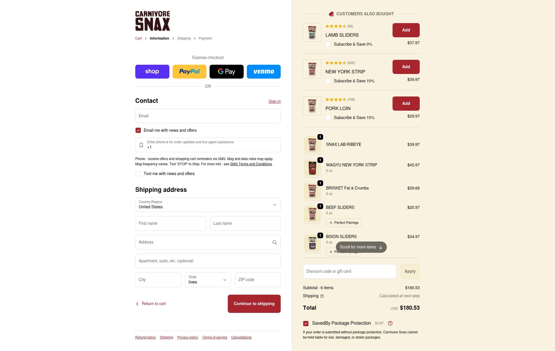 Carnivore Snax checkout page showing Carnivore Snax discount code box | Screenshot taken by SimplyCodes community member on Feb 6, 2026