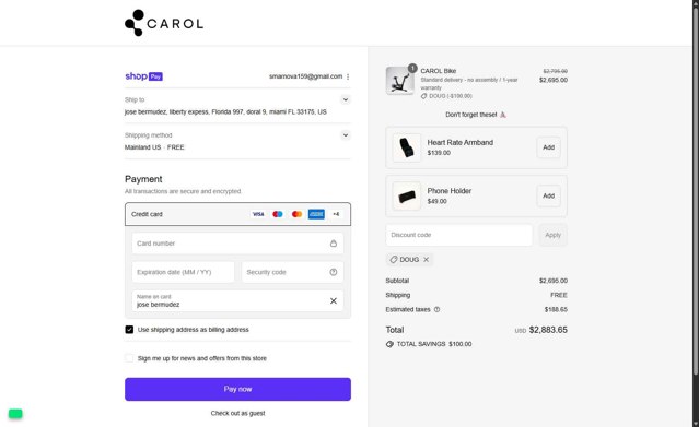 CAROL Bike checkout page showing CAROL Bike discount code box | Screenshot taken by SimplyCodes community member on Aug 21, 2025